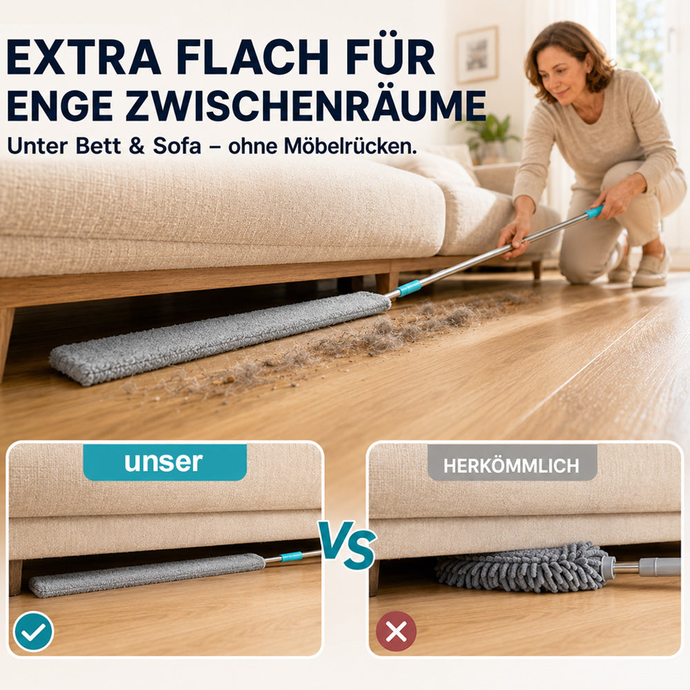 Extra flacher Teleskop-Staubwischer für schwer erreichbare Stellen