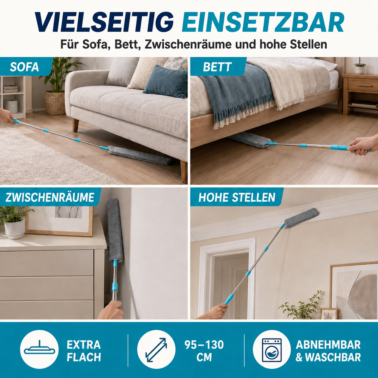 Extra flacher Teleskop-Staubwischer für schwer erreichbare Stellen