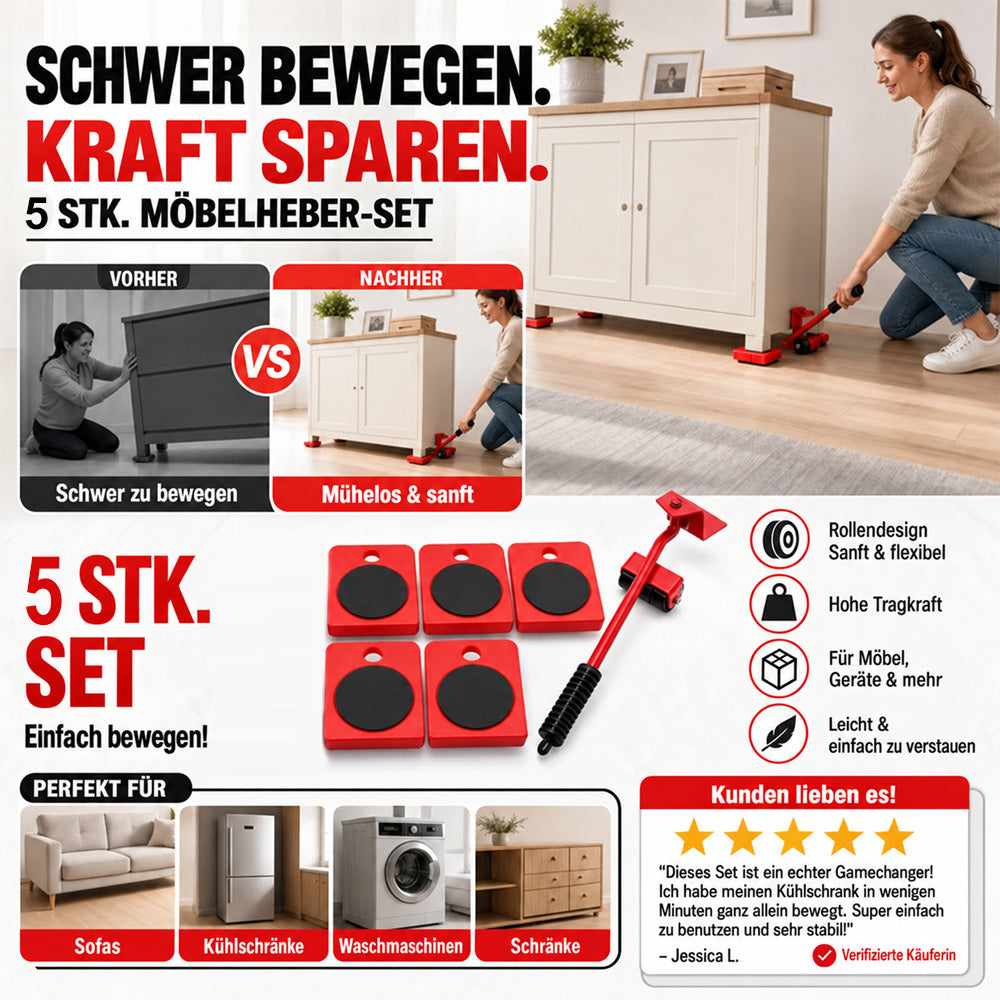 Möbelheber-Set 5-teilig – Schwere Möbel einfach anheben & verschieben