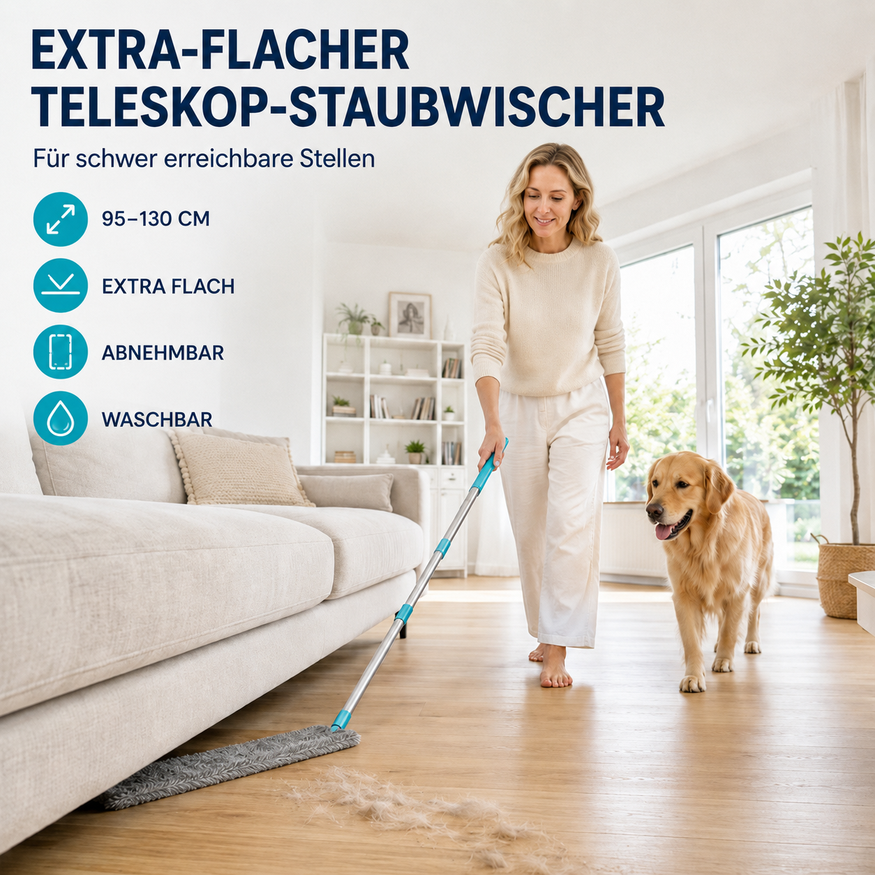 Extra flacher Teleskop-Staubwischer für schwer erreichbare Stellen
