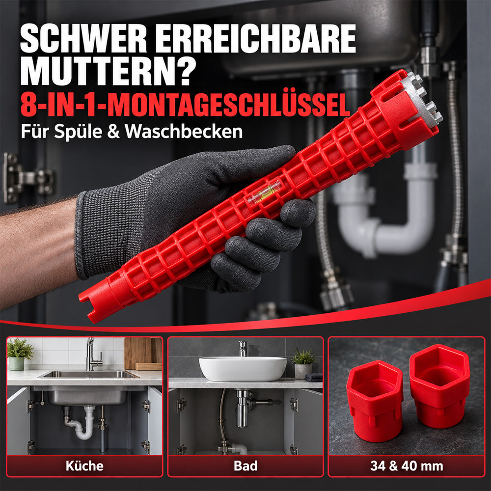 🛠️ 8-in-1 Universal Wasserhahn-Schlüssel – Multifunktionswerkzeug für Küche & Bad