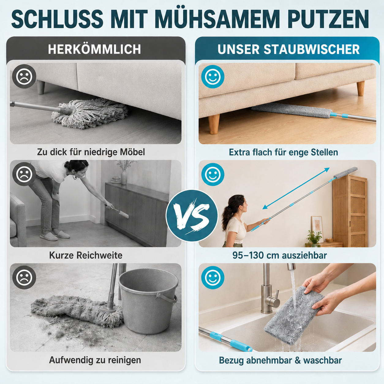 Extra flacher Teleskop-Staubwischer für schwer erreichbare Stellen