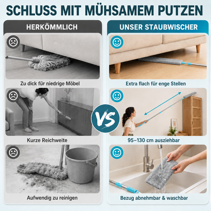 Extra flacher Teleskop-Staubwischer für schwer erreichbare Stellen