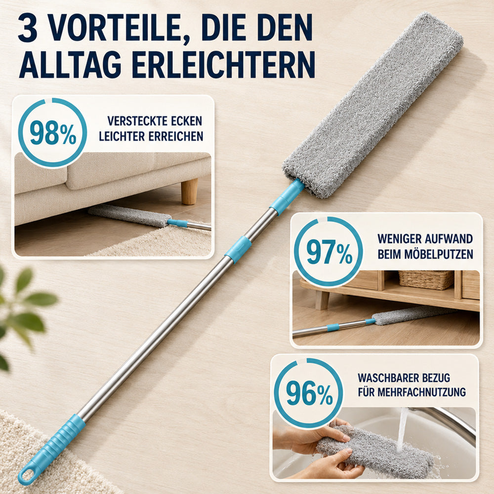 Extra flacher Teleskop-Staubwischer für schwer erreichbare Stellen